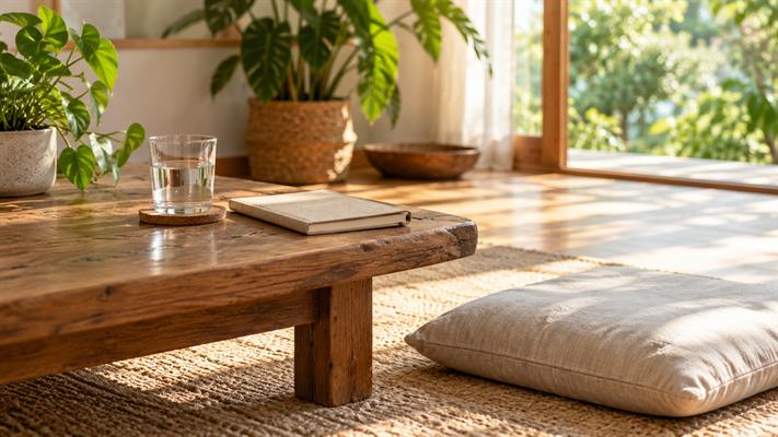 A notebook and glass of water in a quiet wellness room